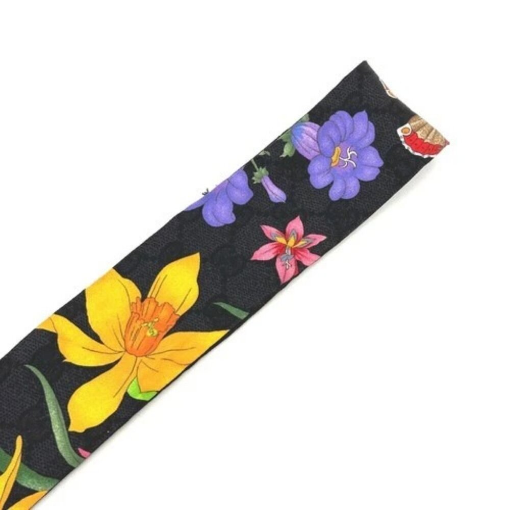 GUCCI 761704 GG Flora print Neck bow Scarf silk Black - Picture 5 of 10